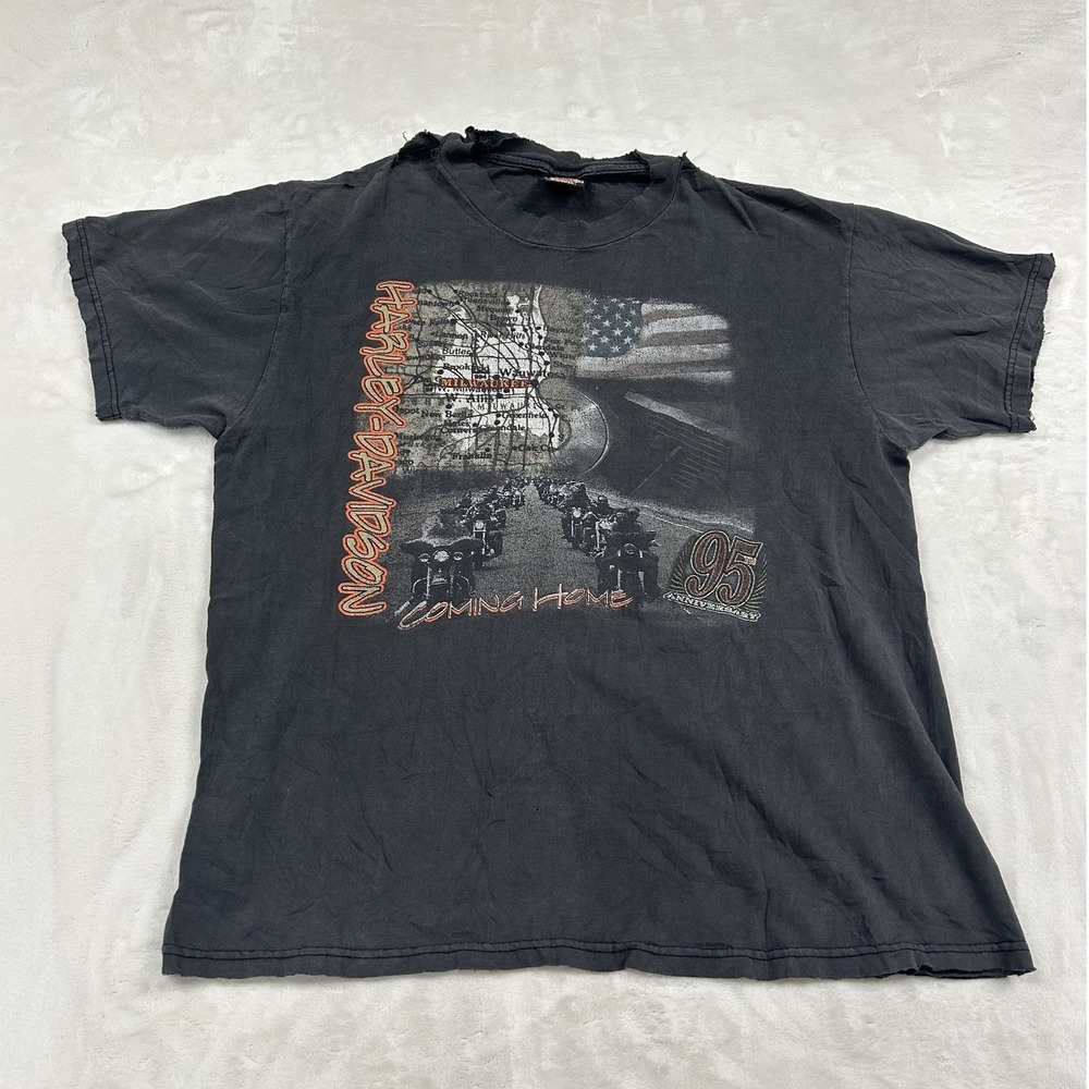 Harley Davidson T-Shirt Mens Large Black 95th Anniversary Distressed Vintage 90s